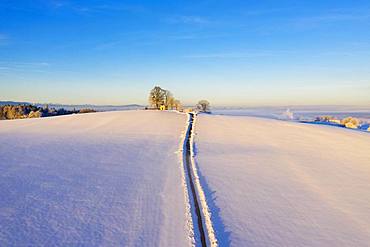 Maria-Dank-Kapelle on Fuerst-Tegernberg in winter, Degerndorf near Muensing, drone shot, Fuenfseenland, Upper Bavaria, Bavaria, Germany, Europe