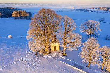 Maria-Dank-Kapelle on Fuerst-Tegernberg in the morning light in winter, Degerndorf near Muensing, drone shot, Fuenfseenland, Upper Bavaria, Bavaria, Germany, Europe