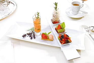 Dessert plate, fruit, ice cream, coffee, Germany, Europe