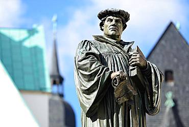 Martin Luther memorial on the market square, birthplace and death town, Eisleben, Saxony-Anhalt, Germany, Europe