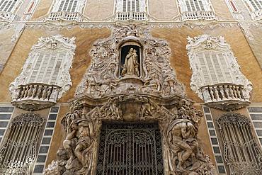 Rococo facade, historical palace Palau del Marques de Dosaiguees, Ciutat Vella, old town, Valencia, Spain, Europe