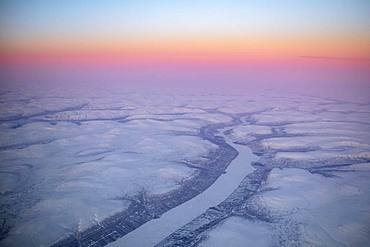 Aerial view, sunrise over the Central Siberian Highlands between Norilsk and Baykitskiy Rayon, Krasnoyarsk region, Russia, Europe