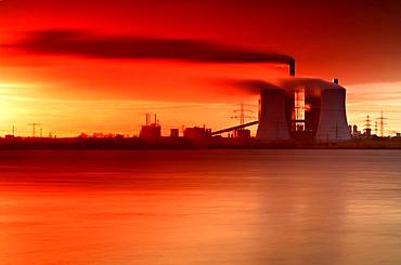 Lignite-fired power plant, Schkopau am See power plant at sunrise, long-term exposure, Saxony-Anhalt, Germany, Europe