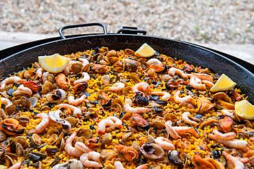 Spanish paella, rice pan with seafood, Andalusia, Spain, Europe