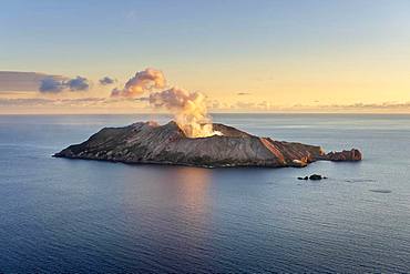 Aerial view of the volcanic island White Island with rising steam from the crater, morning mood, Whakaari, volcanic island, Bay of Plenty, North Island, New Zealand, Oceania