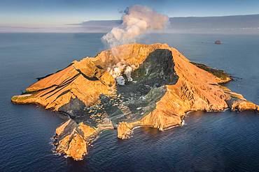 Aerial view of the volcanic island White Island with view into the crater, rising steam, morning mood, Whakaari, volcanic island, Bay of Plenty, North Island, New Zealand, Oceania