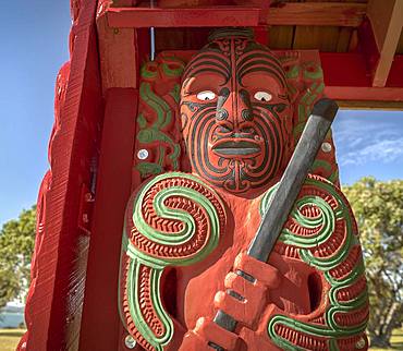 Traditionally carved and painted figure of Maori, Waitangi, Far North District, Northland, North Island, New Zealand, Oceania