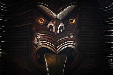 Traditionally carved Maori figure, face, Waitangi, Far North District, Northland, North Island, New Zealand, Oceania