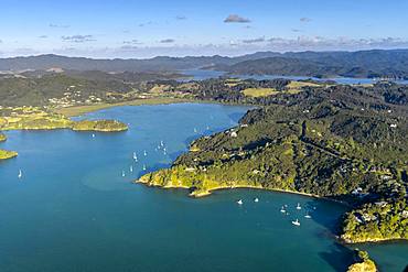 Aerial view of the Bay of Islands with islands and sailboats, Far North District, North Island, New Zealand, Oceania