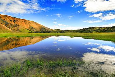 Blue sky and white clouds reflected in water surface, flooded meadow, Landmannalaugar, highlands, Iceland, Europe