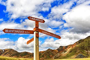 Signpost on the hiking trail Laugavegur, Landmannalaugar, Highlands, Iceland, Europe