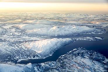 Aerial view, snow-covered mountains with fjord, province Tromsoe, Tromsoe, Norway, Europe