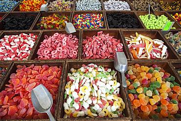 Various colorful sweets, street market in S'Arenal, Majorca, Balearic Islands, Spain, Europe