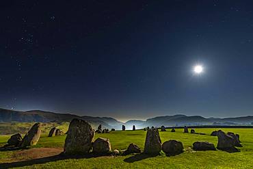 Stone circle at full moon with starry sky, Keswick, Yorkshire Dales National Park, Central England, Great Britain