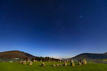 Stone circle at full moon with starry sky, Keswick, Yorkshire Dales National Park, Central England, Great Britain