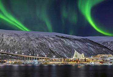 Fjord with bridge to Arctic Sea Cathedral, Northern Lights, Tromso, Norway, Europe