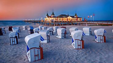 Evening mood with beach chairs with pier Ahlbeck, island Usedom, Baltic Sea, Mecklenburg-Western Pomerania, Germany, Europe