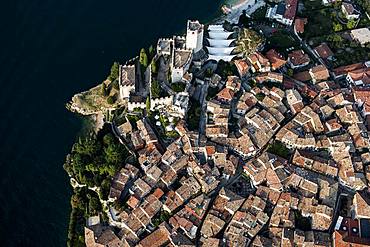 Old Town and Castello di Malcesine, Malcesine on Lake Garda, aerial view, Province of Veneto, Italy, Europe