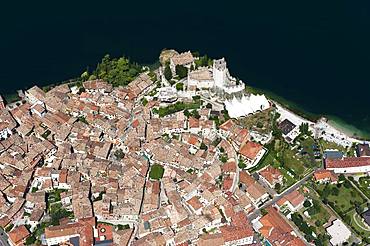 Old Town and Castello di Malcesine, Malcesine on Lake Garda, aerial view, Province of Veneto, Italy, Europe