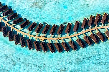 Aerial view, water bungalows in turquoise water, tourist resort, South Male Atoll, Maldives, Asia