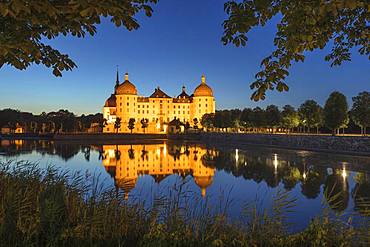 Illuminated Moritzburg Castle at dusk, water reflection in the lake, Saxony, Germany, Europe