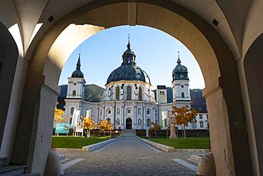 Archway to the inner courtyard with Ettal Monastery, Baroque Benedictine Abbey, Ettal, Upper Bavaria, Bavaria, Germany, Europe