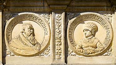 Relief, portrait of Duke George the Bearded and his wife Barbara, a Polish princess, at the town hall, Oschatz, Saxony, Germany, Europe