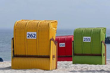 Colorful beach chairs, Helgoland, island Duene, Schleswig-Holstein, Germany, Europe