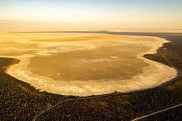 Aerial view, dried-out salt lake, eastern edge of the Etosha Pan, Etosha National Park, Namibia, Africa