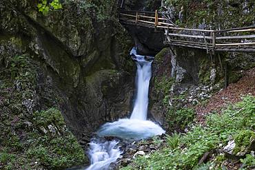 Wooden footbridge over waterfall in the Dr. Vogelgesang gorge at Trattenbach, Spital am Pyhrn, Upper Austria, Austria, Europe