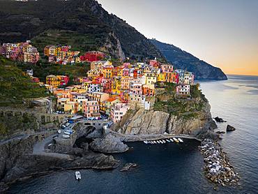 Manarola, aerial view at sunrise, harbour, Cinque Terre, Liguria, Italy, Europe