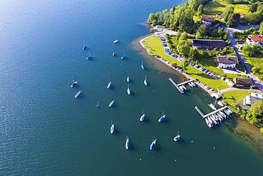 Yacht harbour Bad Wiessee, Lake Tegernsee, drone shot, Upper Bavaria, Bavaria, Germany, Europe