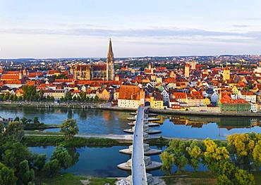 View over Danube and Old Town, Cathedral and Stone Bridge, Regensburg, aerial view, Upper Palatinate, Bavaria, Germany, Europe