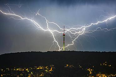 Flashes behind the television tower, Stuttgart, Baden-Wuerttemberg, Germany, Europe