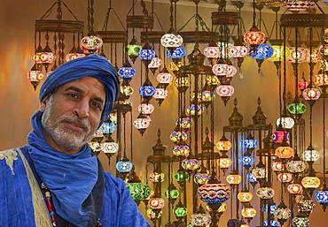 Moroccans in front of a shop with oriental lamps, Rinteln, Germany, Europe