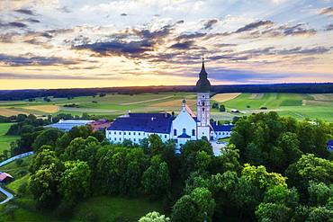 Andechs Monastery, aerial view at sunrise, five lakes, Pfaffenwinkel, Upper Bavaria, Bavaria, Germany, Europe