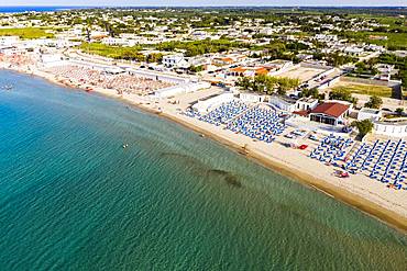 Aerial view, public beach by the sea, Spiaggiabella Beach, Torre Rinalda, Lecce, Apulia, Italy, Europe