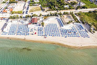 Aerial view, public beach by the sea, Spiaggiabella Beach, Torre Rinalda, Lecce, Apulia, Italy, Europe