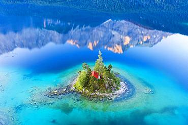 Eibsee lake with Schoenbichl Island and water reflection of the Zugspitze in the morning light, near Grainau, Werdenfelser Land, aerial photo, Upper Bavaria, Bavaria, Germany, Europe