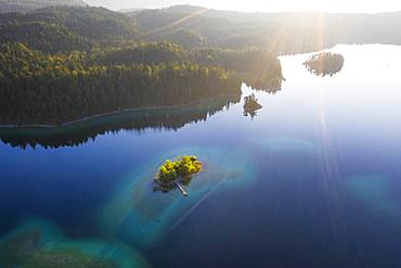 Eibsee lake with Maximilian island in the morning light, near Grainau, Werdenfelser Land, aerial view, Upper Bavaria, Bavaria, Germany, Europe