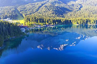 Eibsee-Hotel, Eibsee lake, near Grainau, Werdenfelser Land, aerial view, Upper Bavaria, Bavaria, Germany, Europe