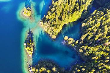 Eibsee lake with Braxen island and Schoenbichl island, near Grainau, Werdenfelser Land, aerial view, Upper Bavaria, Bavaria, Germany, Europe