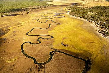 Aerial view, Cubango river meanders through grass savannah, near Cuito Cuanavale, Cuando Cubango Province, Angola, Africa