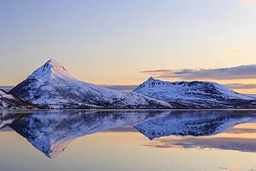 Midnight sun, snow-covered mountains Skinnkollen and Astritinden, water reflection in the fjord, Stonnesbotn Fjord, island Senja, Troms, Norway, Europe