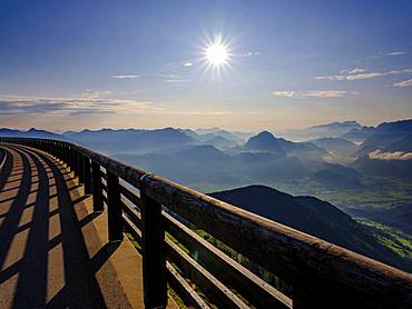 View from the Rossfeld Panoramastrasse on Alpine panorama, Osterhorn group, Dachstein and Tennen Mountains, Golling, Salzburger Land, Austria, Europe