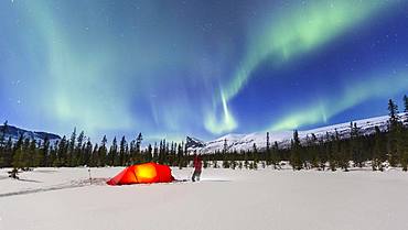 Northern Lights (Aurora borealis) above a red illuminated tent in winter, Kungsleden, Province of Lapland, Sweden, Europe