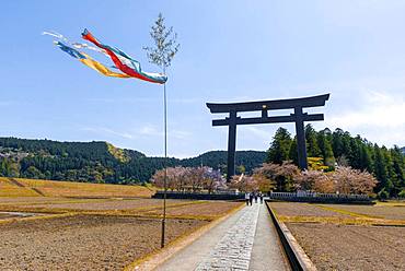 Largest Torii in the world, destination of the Kumano Kodo Pilgrimage, Hongu Oyunohara Torii Gate, also Otorii, Oyunohara Shinto Shrine, Wakayama, Japan, Asia