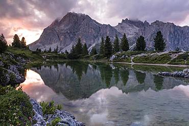 Lake Lago de Limides and Lagazuoi, with water reflection, Dolomites, Alps, South Tyrol, Italy, Europe