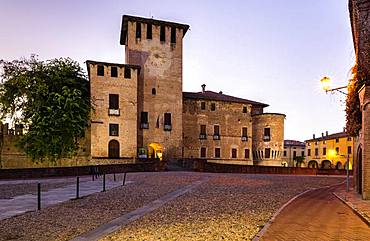 Dusk, city centre with Rocca Sanvitale Castle, Fontanellato, Province of Parma, Emilia-Romagna, Italy, Europe