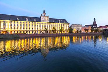 Main building of Wroclaw University, Mathematical Tower, evening, Wroclaw, Poland, Europe